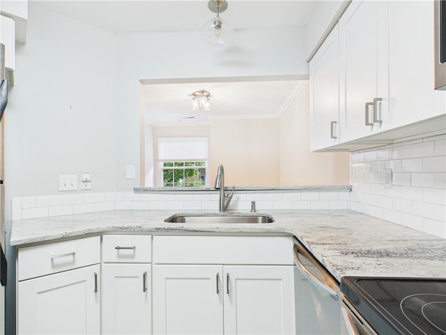 626 Smithfield Rd Unit 909, North Providence, RI 02904 - kitchen featuring a sink, range with electric stovetop, stainless steel dishwasher, white cabinets, and decorative backsplash