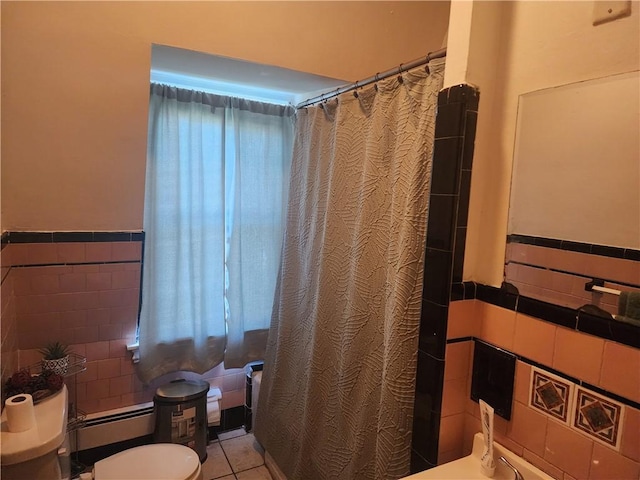 95 Congress Ave, Providence, RI 02907 - full bath with tile walls, toilet, wainscoting, tile patterned flooring, and a shower with curtain
