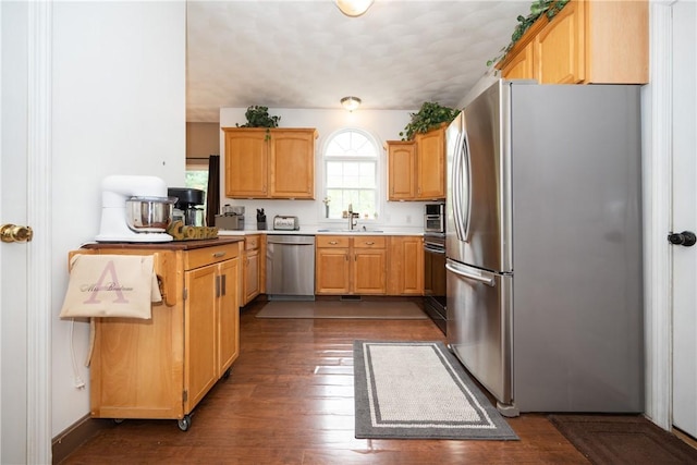 21 Fieldstone Dr, Coventry, RI 02816 - kitchen featuring stainless steel appliances, a sink, light countertops, dark wood-style floors, and light brown cabinetry