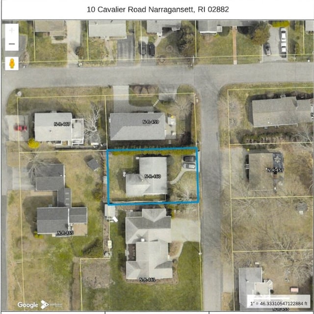 10 Cavalier Rd, Narragansett, RI 02882 - aerial map of property and surrounding area with property boundaries highlighted