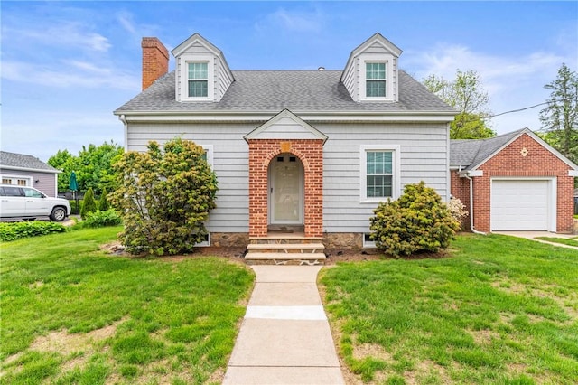 12 Arlington St, Westerly, RI 02891 - new england style home with a front lawn, a chimney, an attached garage, entry steps, and a shingled roof