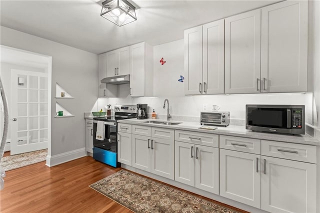 12 Arlington St, Westerly, RI 02891 - kitchen featuring appliances with stainless steel finishes, under cabinet range hood, a sink, wood finished floors, and light countertops