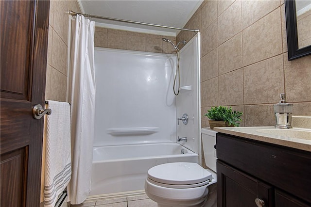 417 Privilege St, Woonsocket, RI 02895 - full bath featuring tile walls, shower / bath combination with curtain, toilet, vanity, and tile patterned floors