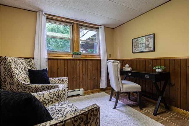 417 Privilege St, Woonsocket, RI 02895 - office area with a baseboard radiator, a wainscoted wall, and wood walls