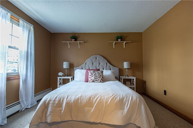 417 Privilege St, Woonsocket, RI 02895 - bedroom with carpet, a textured ceiling, baseboards, and a baseboard heating unit