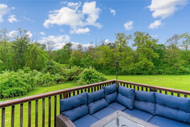 223 Chopmist Hill Rd, Glocester, RI 02814 - wooden deck with an outdoor hangout area, a yard, and a view of trees