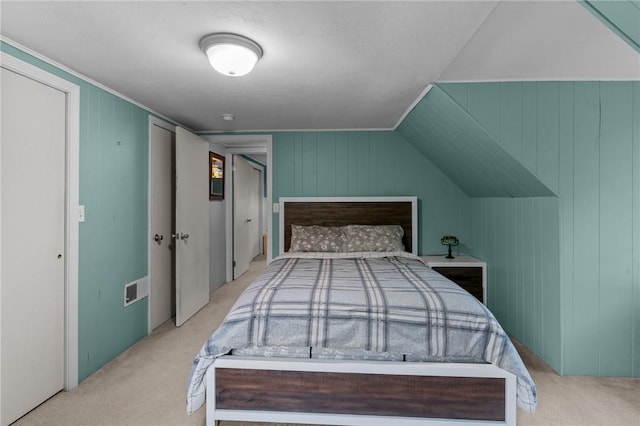 223 Chopmist Hill Rd, Glocester, RI 02814 - bedroom with carpet flooring, wooden walls, and vaulted ceiling