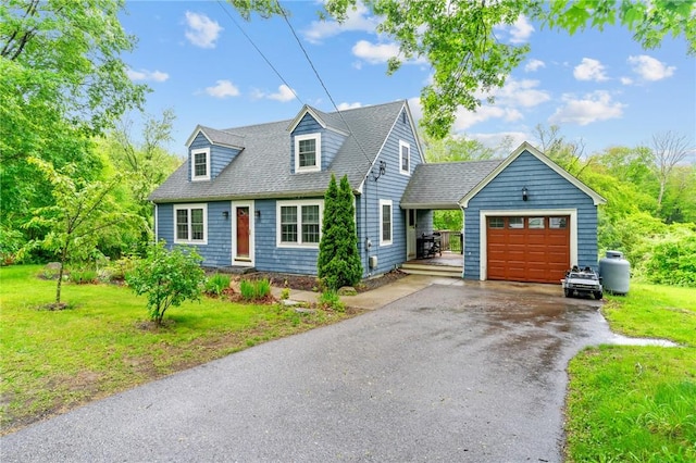 223 Chopmist Hill Rd, Glocester, RI 02814 - cape cod home with asphalt driveway, a garage, a front yard, and a shingled roof