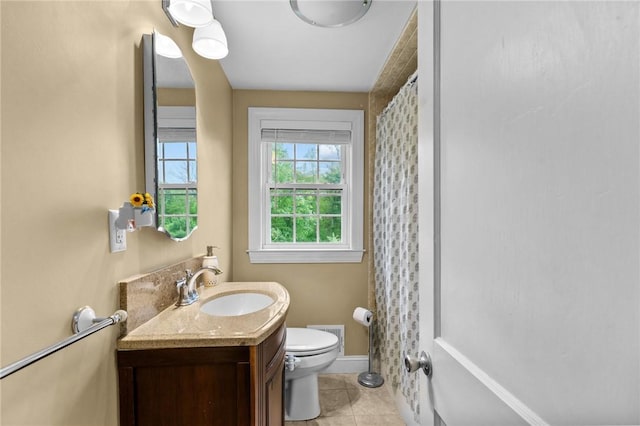 223 Chopmist Hill Rd, Glocester, RI 02814 - full bath with tile patterned floors, toilet, vanity, baseboards, and a shower with curtain
