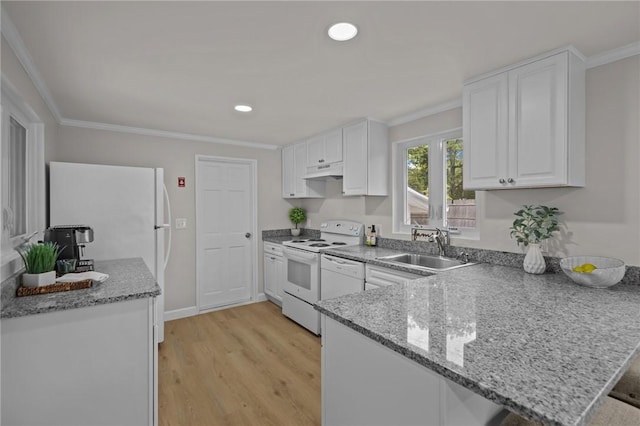 120 Aspinet Dr, Warwick, RI 02888 - kitchen featuring white appliances, a sink, under cabinet range hood, white cabinetry, and ornamental molding