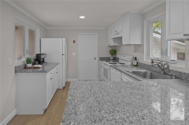 120 Aspinet Dr, Warwick, RI 02888 - kitchen with a sink, white appliances, under cabinet range hood, white cabinets, and crown molding