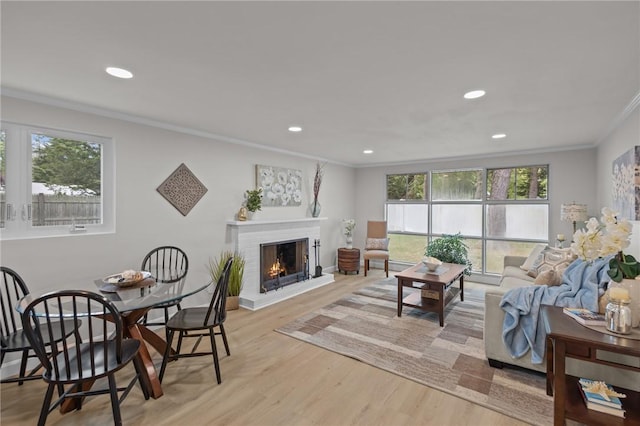 120 Aspinet Dr, Warwick, RI 02888 - living area featuring crown molding, a fireplace, recessed lighting, and light wood-style floors