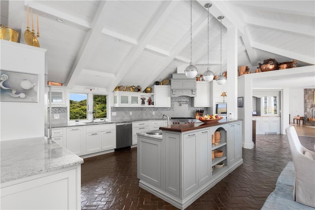 61 Baileys Ledge Rd, Little Compton, RI 02837 - kitchen featuring open shelves, a sink, stainless steel dishwasher, brick flooring, and beamed ceiling
