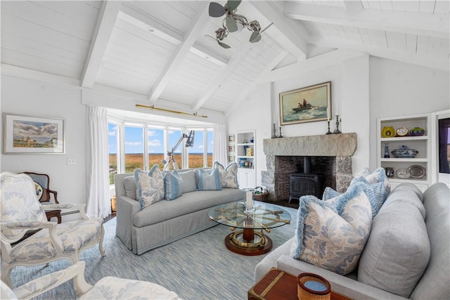 61 Baileys Ledge Rd, Little Compton, RI 02837 - carpeted living area with high vaulted ceiling and wood ceiling with exposed beams