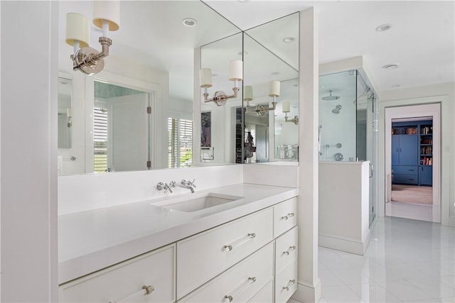 61 Baileys Ledge Rd, Little Compton, RI 02837 - full bathroom with a shower stall, tile patterned flooring, vanity, and recessed lighting