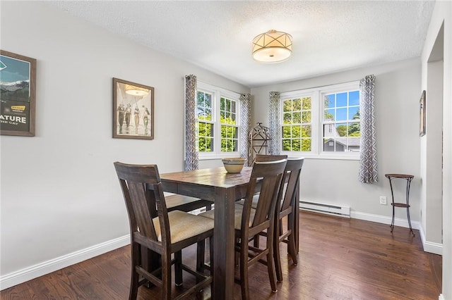 25 Old Pine Rd, Narragansett, RI 02882 - dining area with a baseboard radiator, dark wood-type flooring, baseboards, and a textured ceiling