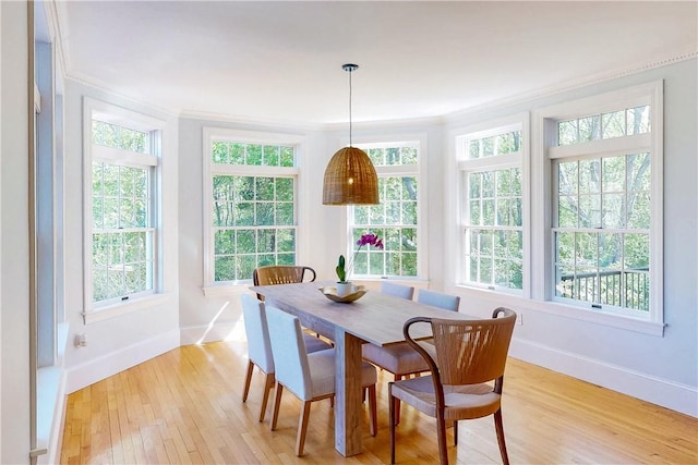 38 Westwind Dr, Jamestown, RI 02835 - dining space featuring baseboards, crown molding, light wood finished floors, and healthy amount of natural light