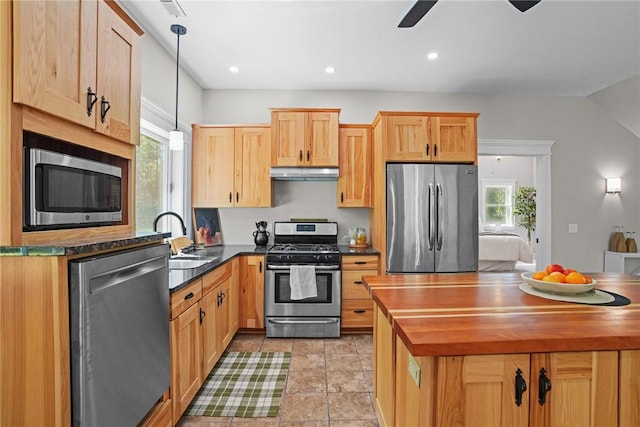 888 Plainfield Pike, Coventry, RI 02827 - kitchen featuring stainless steel appliances, a sink, butcher block counters, under cabinet range hood, and healthy amount of natural light