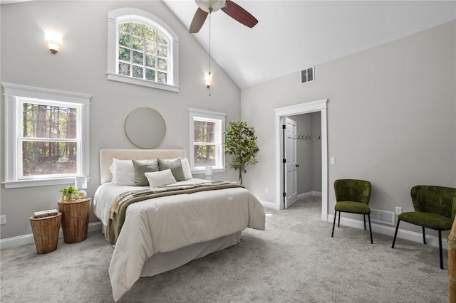 888 Plainfield Pike, Coventry, RI 02827 - bedroom featuring high vaulted ceiling, carpet floors, baseboards, and a ceiling fan