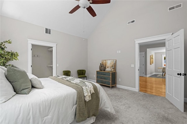 888 Plainfield Pike, Coventry, RI 02827 - bedroom with high vaulted ceiling, carpet floors, baseboards, and ceiling fan