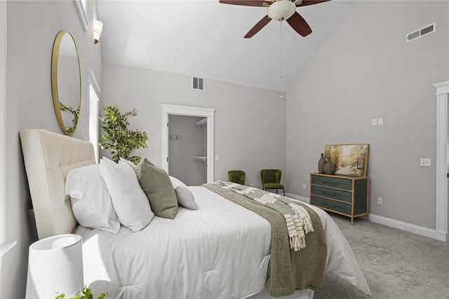 888 Plainfield Pike, Coventry, RI 02827 - bedroom with light colored carpet, baseboards, a ceiling fan, high vaulted ceiling, and a spacious closet