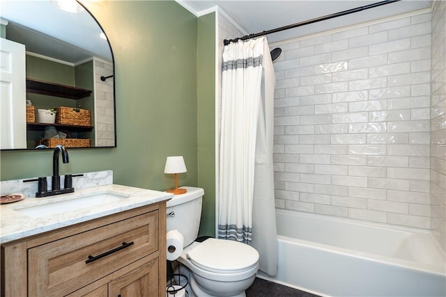 45 Nichols Rd, North Kingstown, RI 02852 - bathroom with ornamental molding, toilet, shower / bath combination with curtain, and vanity