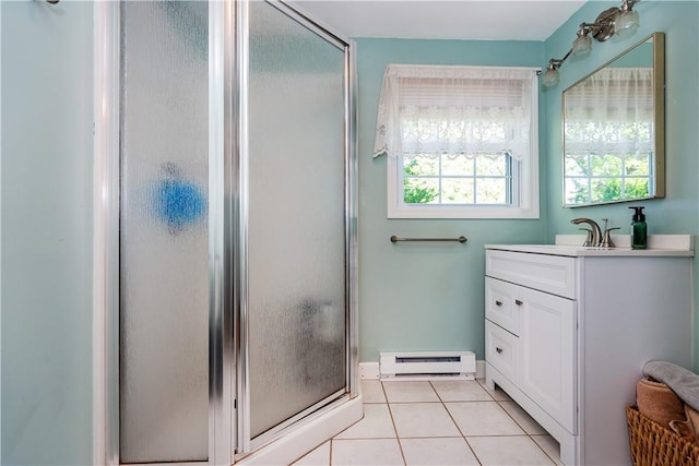 45 Nichols Rd, North Kingstown, RI 02852 - bathroom featuring baseboard heating, a shower stall, tile patterned flooring, and vanity
