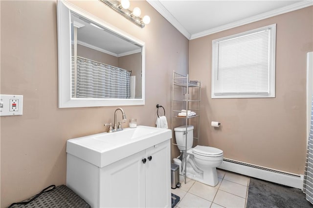 37 Boundary Ave, Providence, RI 02909 - bathroom featuring a baseboard radiator, crown molding, toilet, vanity, and tile patterned flooring