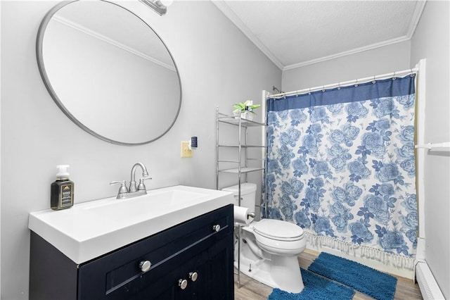 37 Boundary Ave, Providence, RI 02909 - full bathroom with wood finished floors, toilet, ornamental molding, vanity, and a shower with curtain