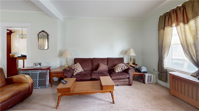 49 Nathaniel Ave, Pawtucket, RI 02860 - living room with radiator heating unit, carpet, and crown molding