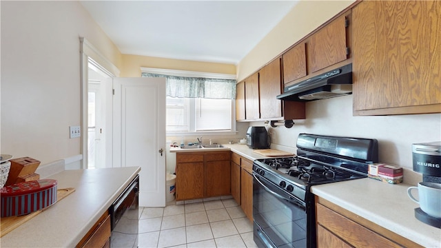49 Nathaniel Ave, Pawtucket, RI 02860 - kitchen featuring under cabinet range hood, black range with gas cooktop, brown cabinets, light countertops, and a sink