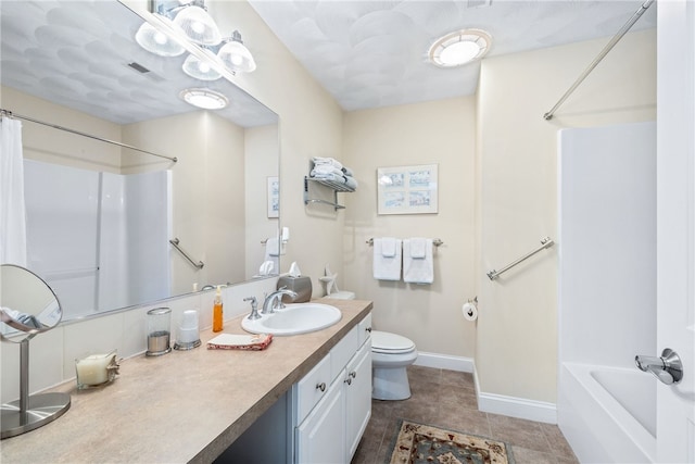 83 Preservation Way S, Kingstown, RI 02879 - bathroom with toilet, vanity, baseboards, tile patterned flooring, and shower / bathtub combination with curtain