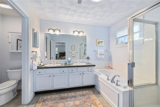 83 Preservation Way S, Kingstown, RI 02879 - bathroom featuring a stall shower, a bath, double vanity, toilet, and tile patterned floors