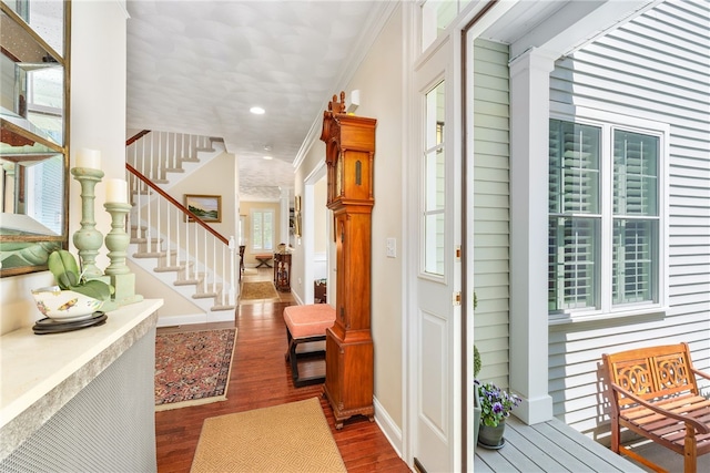 83 Preservation Way S, Kingstown, RI 02879 - entryway featuring crown molding, dark wood-style flooring, stairs, recessed lighting, and baseboards