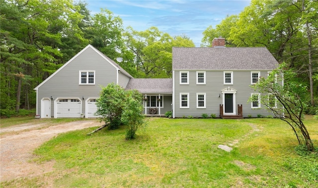 12 Rustic Acres Dr, Glocester, RI 02814 - colonial inspired home featuring driveway, a chimney, a front lawn, a shingled roof, and an attached garage