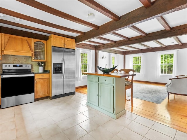 12 Rustic Acres Dr, Glocester, RI 02814 - kitchen featuring stainless steel appliances, premium range hood, beam ceiling, a kitchen breakfast bar, and decorative backsplash