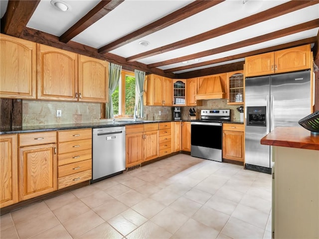 12 Rustic Acres Dr, Glocester, RI 02814 - kitchen with appliances with stainless steel finishes, decorative backsplash, beam ceiling, custom exhaust hood, and glass insert cabinets