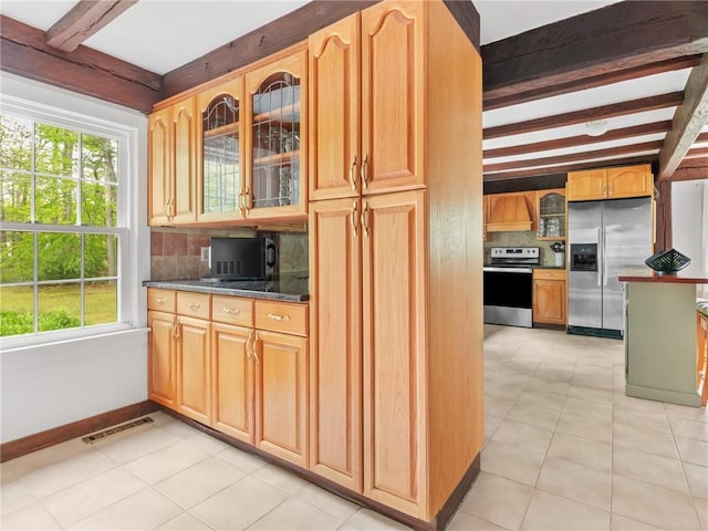 12 Rustic Acres Dr, Glocester, RI 02814 - kitchen with stainless steel appliances, beam ceiling, decorative backsplash, dark countertops, and light tile patterned flooring