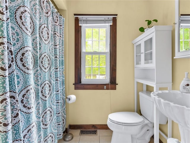 12 Rustic Acres Dr, Glocester, RI 02814 - bathroom featuring tile patterned flooring, toilet, baseboards, and curtained shower