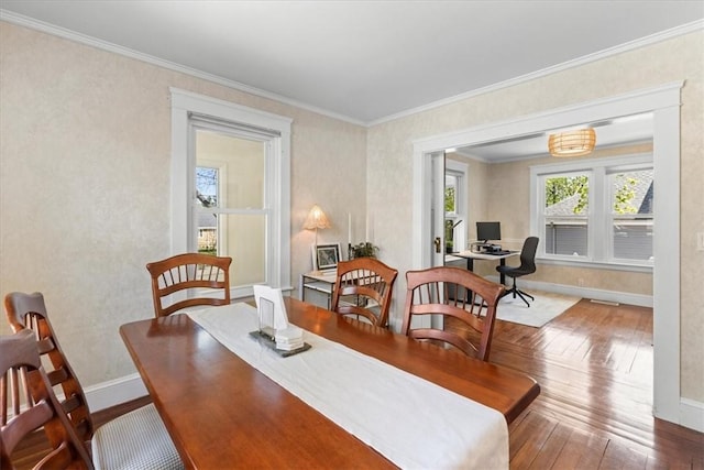22 Dunedin St, Cranston, RI 02920 - dining area featuring hardwood / wood-style floors, baseboards, crown molding, and a desk