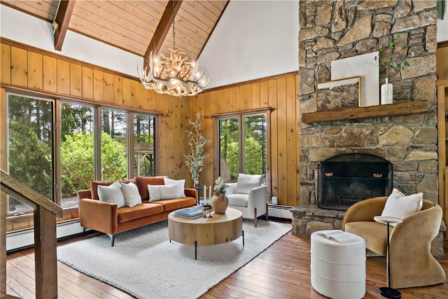 310 Old Coach Rd, Charlestown, RI 02813 - living area with a baseboard radiator, wood-type flooring, a fireplace, a chandelier, and high vaulted ceiling