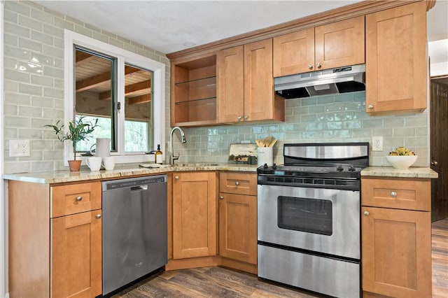 310 Old Coach Rd, Charlestown, RI 02813 - kitchen with appliances with stainless steel finishes, under cabinet range hood, open shelves, dark wood-type flooring, and tasteful backsplash