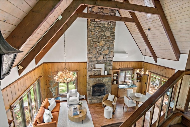 310 Old Coach Rd, Charlestown, RI 02813 - living room with wood-type flooring, wooden ceiling with exposed beams, wooden walls, a chandelier, and a stone fireplace