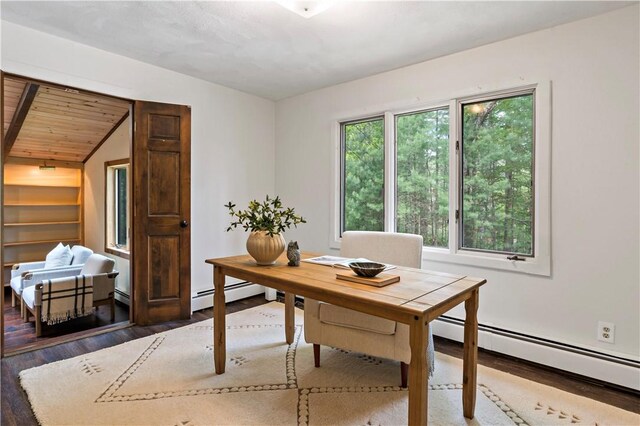 310 Old Coach Rd, Charlestown, RI 02813 - home office with wood finished floors, a baseboard heating unit, vaulted ceiling, and wood ceiling