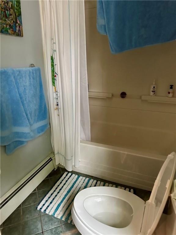 3 Jefferson St, Warwick, RI 02888 - bathroom with a baseboard radiator, tile patterned flooring, and shower / tub combo with curtain