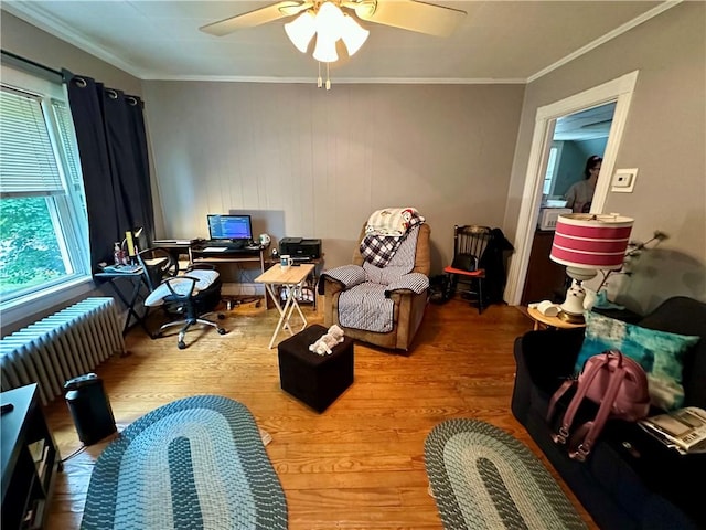 3 Jefferson St, Warwick, RI 02888 - office area featuring radiator, wood finished floors, a ceiling fan, and ornamental molding