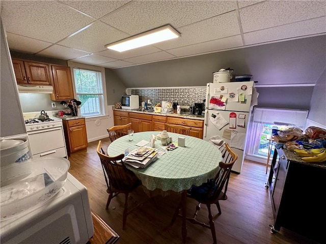 3 Jefferson St, Warwick, RI 02888 - kitchen featuring white appliances, under cabinet range hood, wood finished floors, light countertops, and brown cabinets