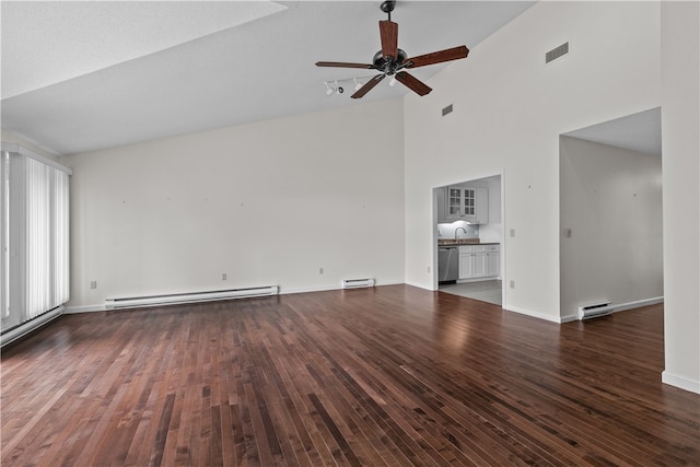 446 Paddock Ln, Bristol, RI 02809 - unfurnished living room featuring baseboard heating, ceiling fan, high vaulted ceiling, wood finished floors, and baseboards