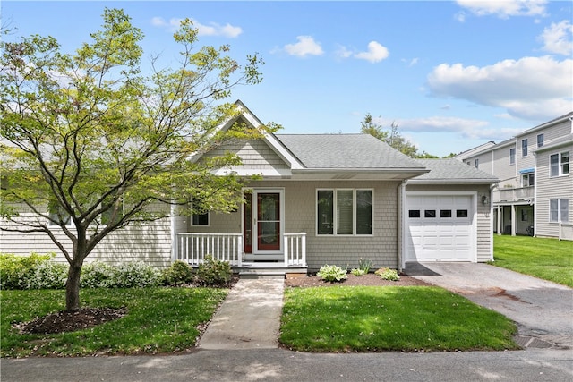 446 Paddock Ln, Bristol, RI 02809 - view of front facade with covered porch, a garage, asphalt driveway, a front yard, and a shingled roof