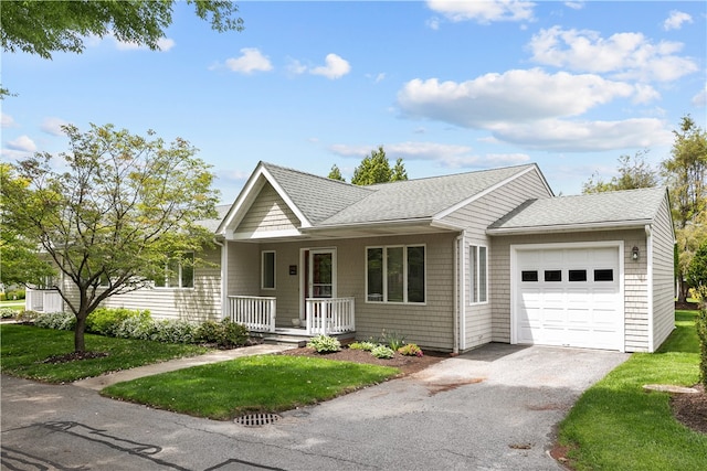 446 Paddock Ln, Bristol, RI 02809 - ranch-style house featuring a porch, a garage, driveway, and a shingled roof